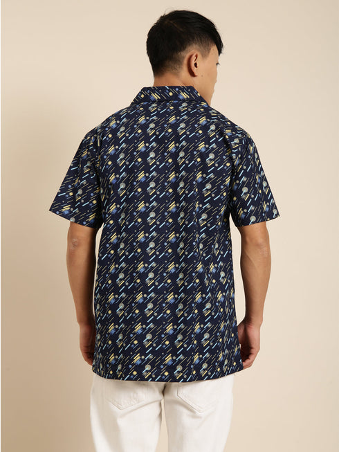 Navy Blue Printed Short Sleeves Shirt